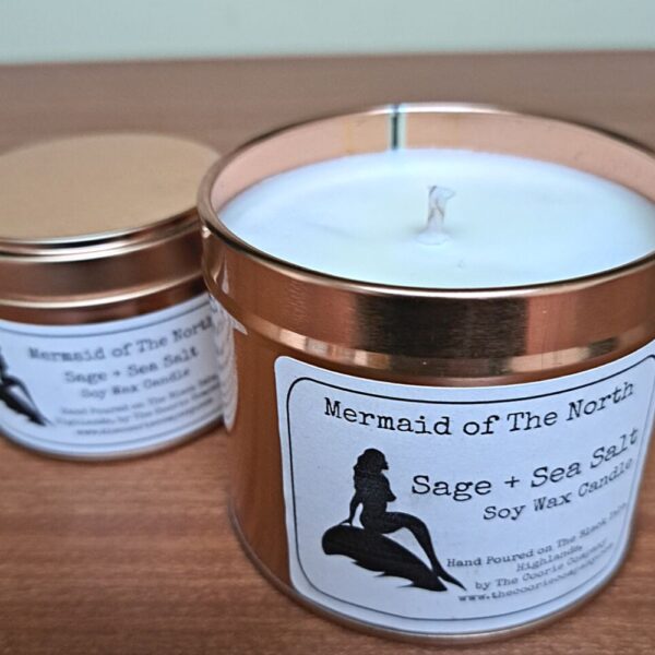 Mermaid of the North candles big and wee rose gold tins