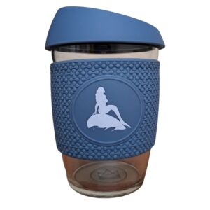 Mermaid of the North reusable glass coffee cup with dark blue silicone lid and sleeve and white mermaid logo