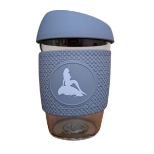 Mermaid of the North reusable glass coffee cup with grey silicone lid and sleeve and white mermaid logo