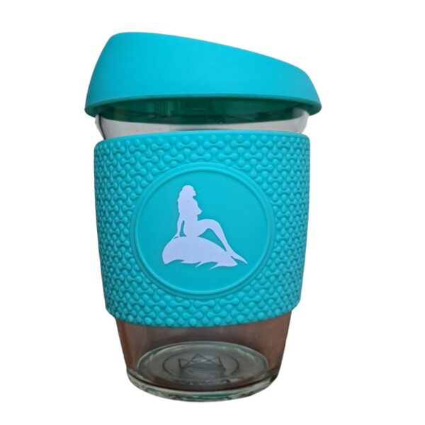 Mermaid of the North reusable glass coffee cup with turquoise silicone lid and sleeve