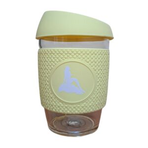 Mermaid of the North reusable coffee mug yellow silicone and glass with mermaid logo in white