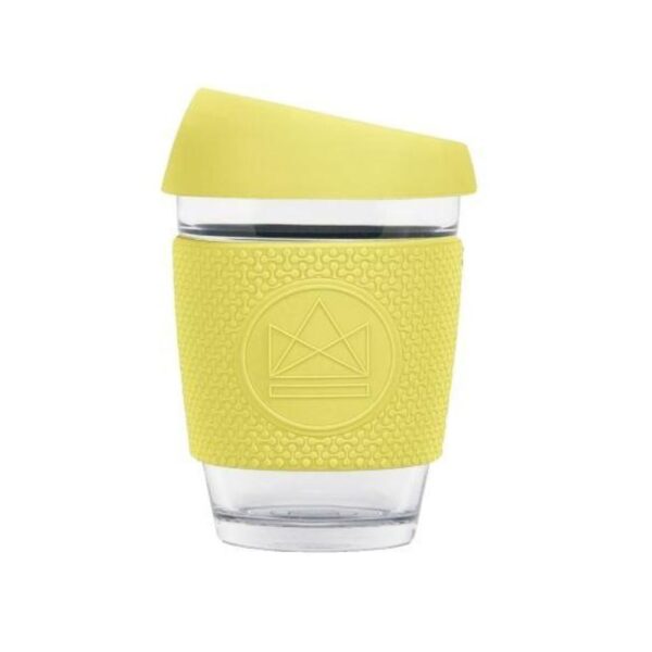Neon Kactus reusable glass coffee cup with yellow silicone lid and sleeve
