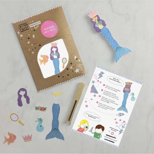 Contents of craft kit to make a mermaid peg doll