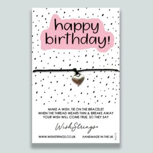 Wishstrings Bracelet Gift Happy Birthday Wish pink white and black- silver charm on a black waxed bracelet