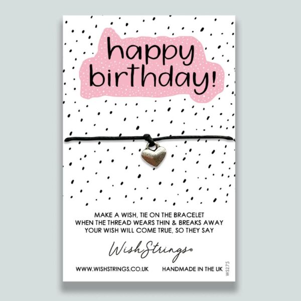Wishstrings Bracelet Gift Happy Birthday Wish pink white and black- silver charm on a black waxed bracelet