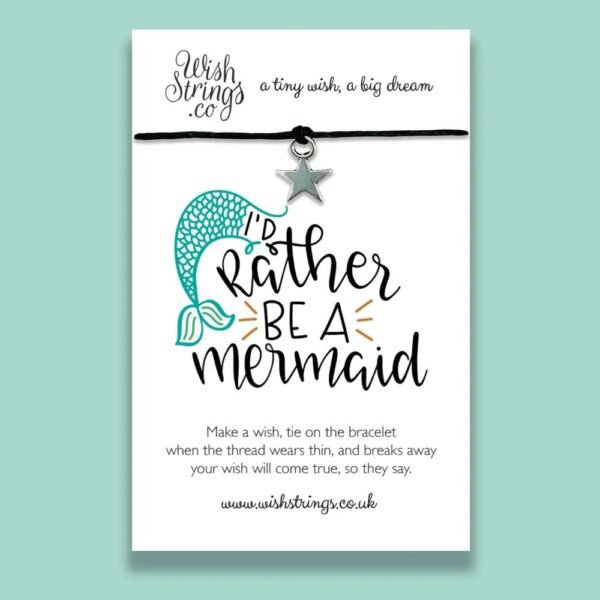 Wishstrings Bracelet Gift Rather Be A Mermaid Star Charm on a black waxed bracelet