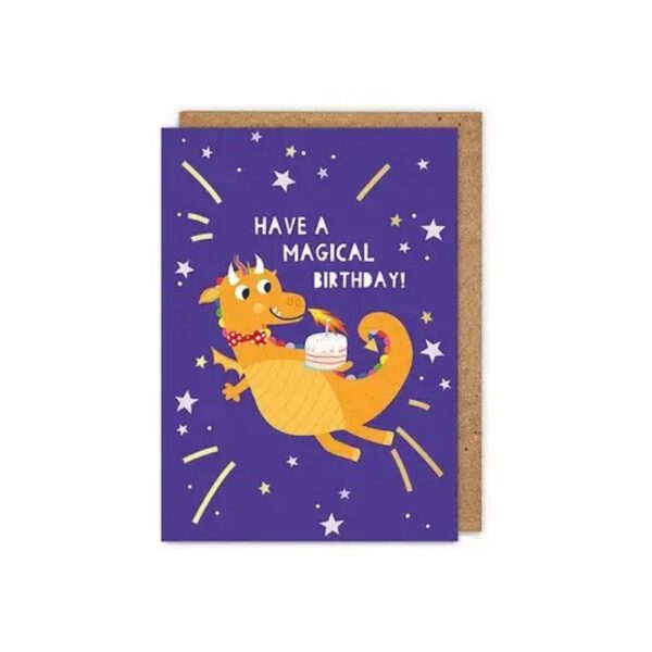 Kids Birthday Card featuring a hand illustrated orange-coloured dragon on a purple background with gold foil decoration - Wishing You A Magical Birthday