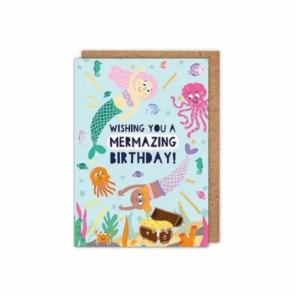 Greetings card that reads "Wishing You A Mermazing Birthday" with brightly coloured mermaids and sealife - Kids Birthday Card