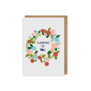 Thinking of You greetings card with floral wreath design