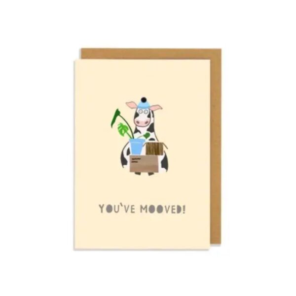 New Home Card - featuring a black and white cow and the text "You've Mooved"